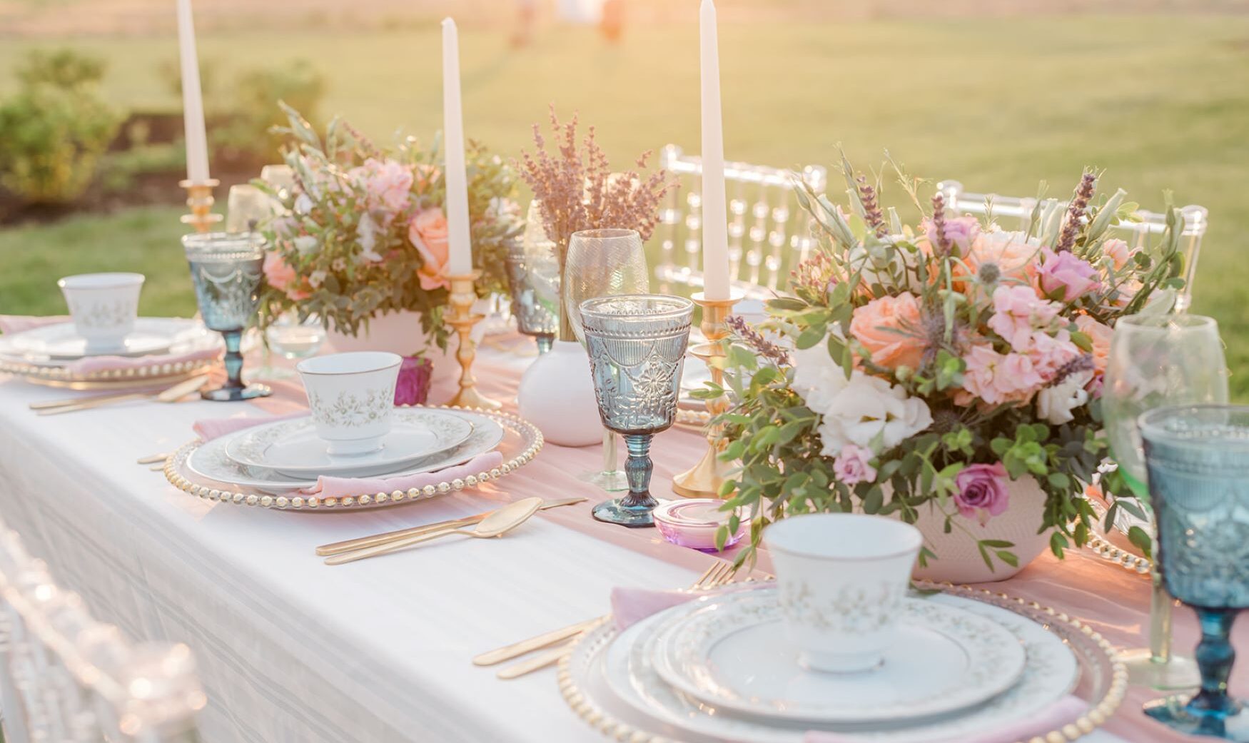 whimsical elegant table set up for garden party in ohio nature and wildflowers